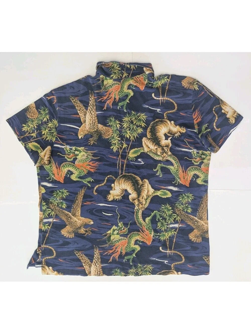 Vtg Polo Ralph Lauren Dragon Tiger Eagle Polo Shirt All Over Print Mens 2XL XXL